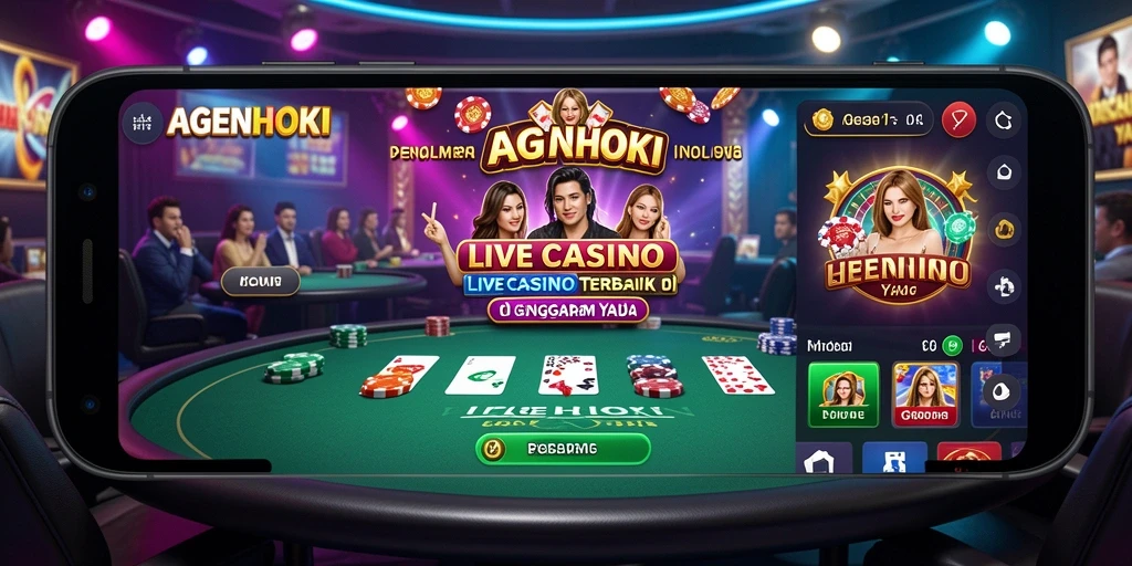 Gameplay AGENHOKI menampilkan dealer langsung dan suasana kasino yang mengesankan.