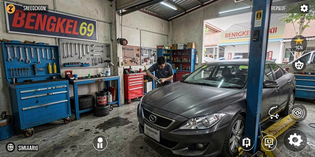 Screenshot gameplay BENGKEL69 menunjukkan aktivitas di bengkel otomotif.