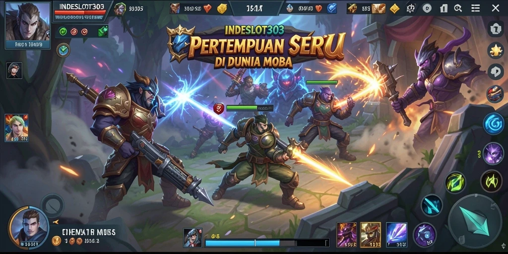 Tampilan seru dalam permainan MOBA INDESLOT303 saat bertarung di arena.