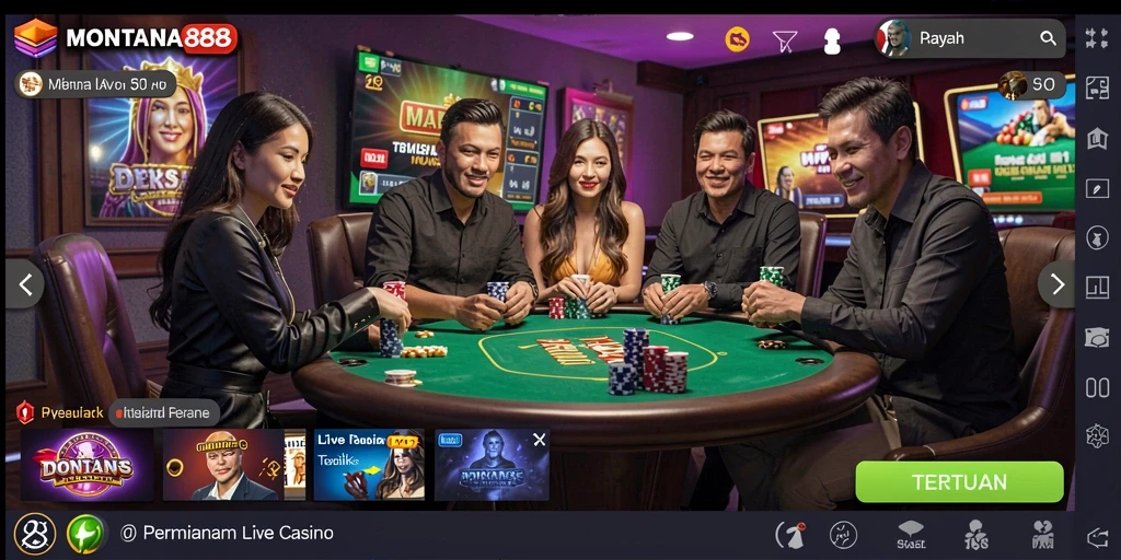 Tampilan gameplay Live Casino MONTANA88 dengan dealer langsung dan pemain aktif.