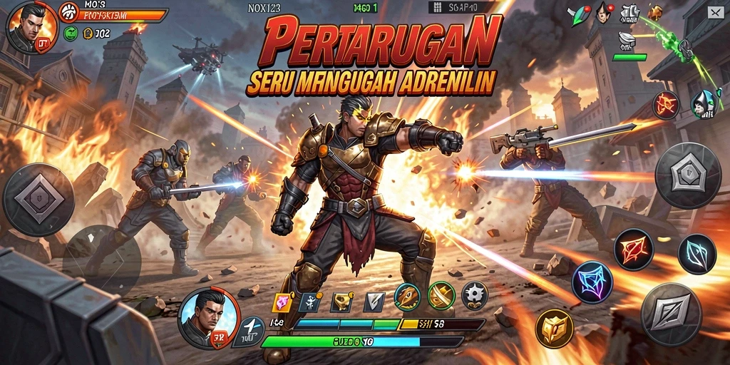 Screenshot menampilkan pertarungan seru dalam NOX123 dengan gerakan karakter dinamis.