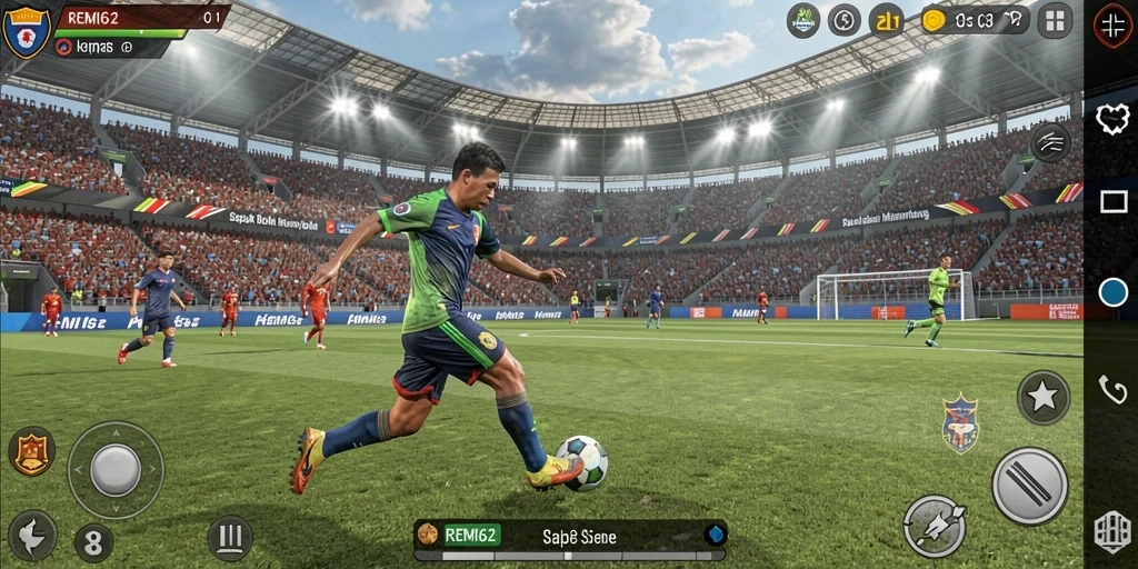 Tampilan gameplay spektakuler dari <strong>REMI62</strong> yang menampilkan aksi sepak bola seru.