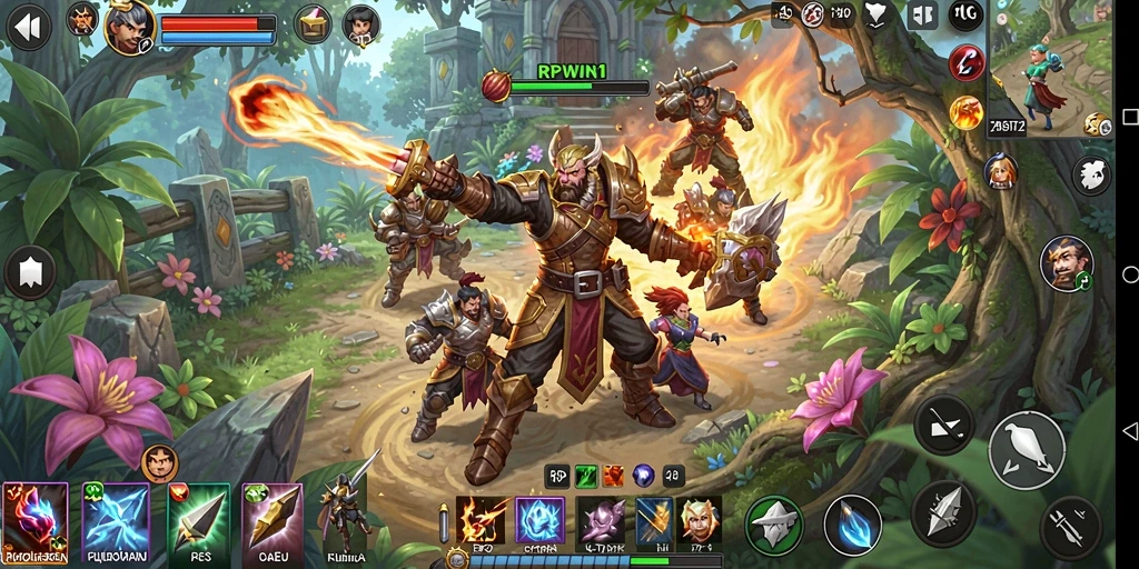Screenshot utama RPWIN1 menampilkan pertarungan epik di dunia fantasi.