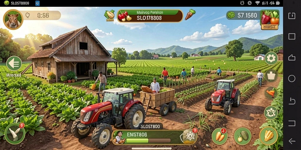 Tangkapan layar gameplay <strong>SLOST8808</strong> menunjukkan ladang yang luas dan tanaman yang beragam.
